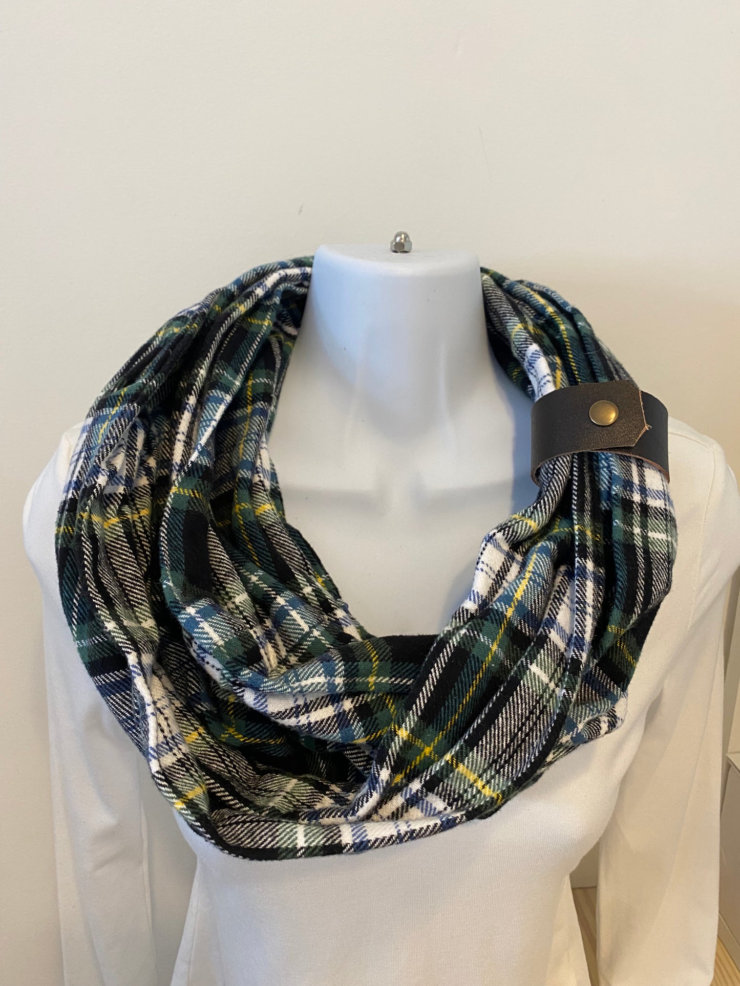 Navy & Green & Yellow Classic Plaid Eternity Scarf with a Leather Cuff