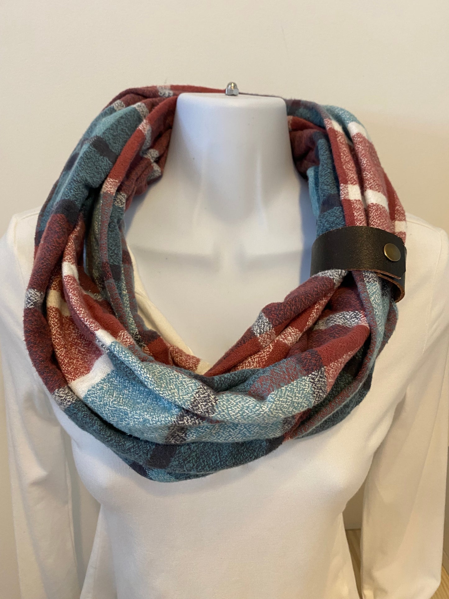 Plum and Teal Plaid Eternity Scarf with a Leather Cuff