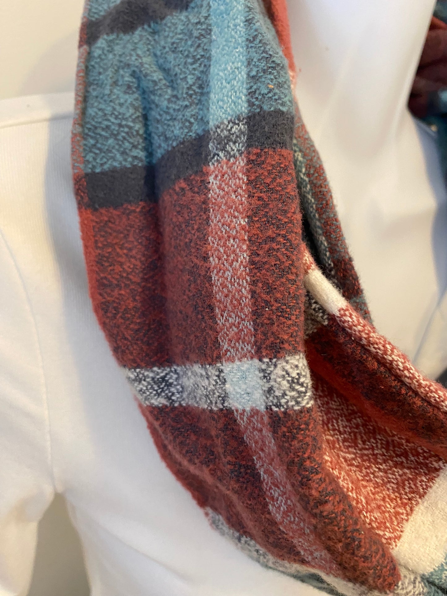 Plum and Teal Plaid Eternity Scarf with a Leather Cuff