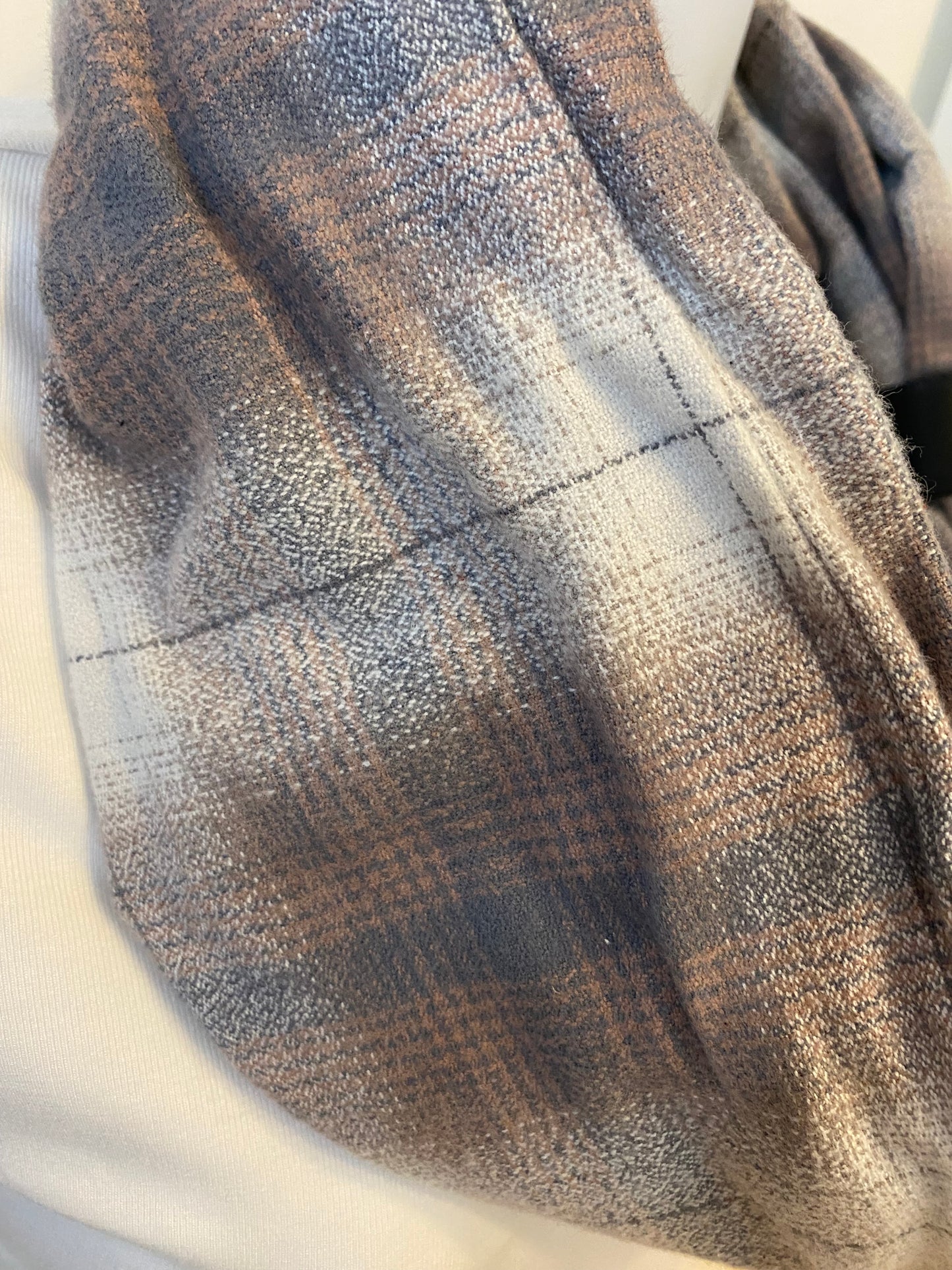 Neutral, blue and tan Plaid Eternity Scarf with a Leather Cuff