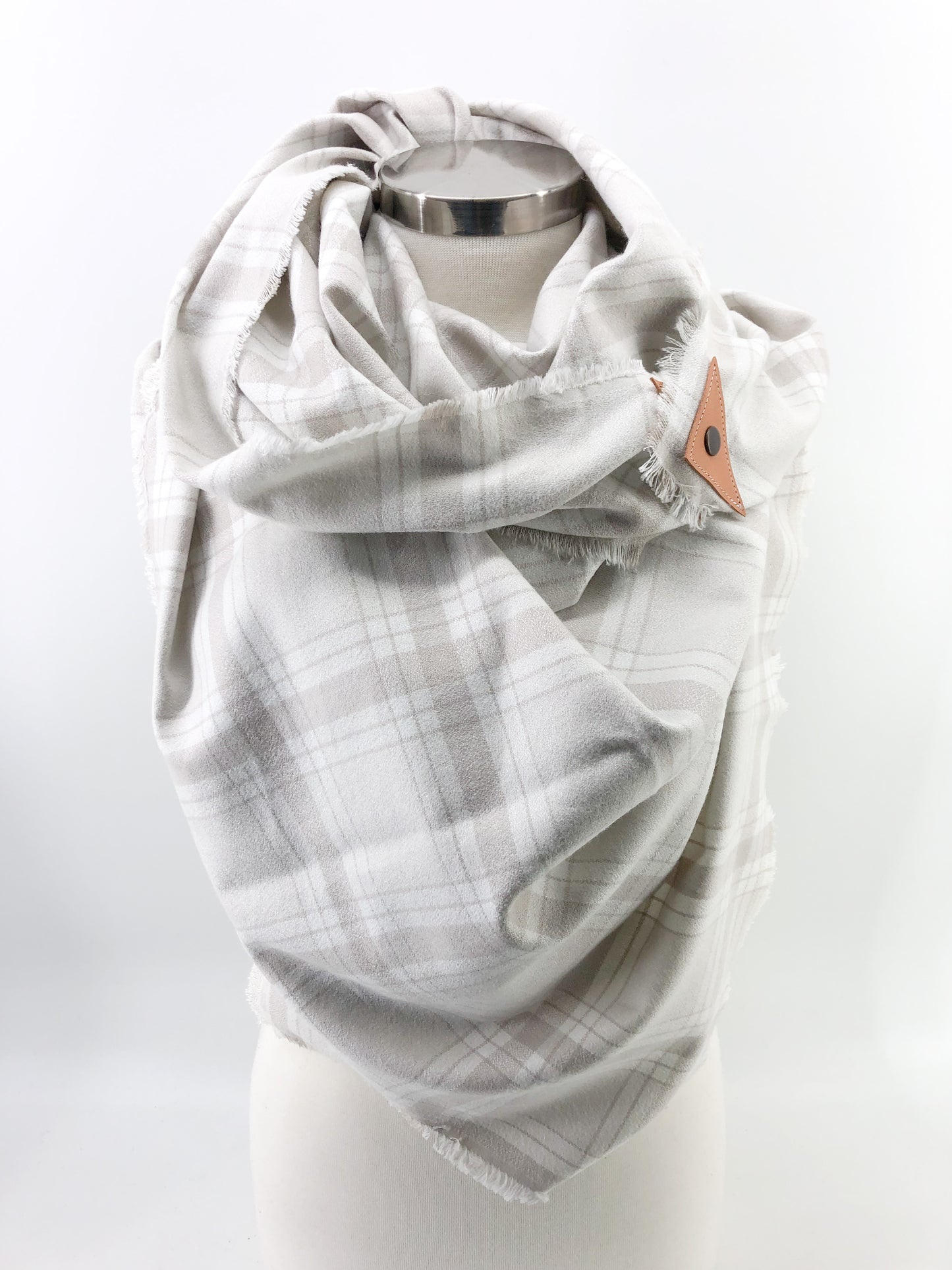 Bone Plaid Blanket Scarf with Leather Detail