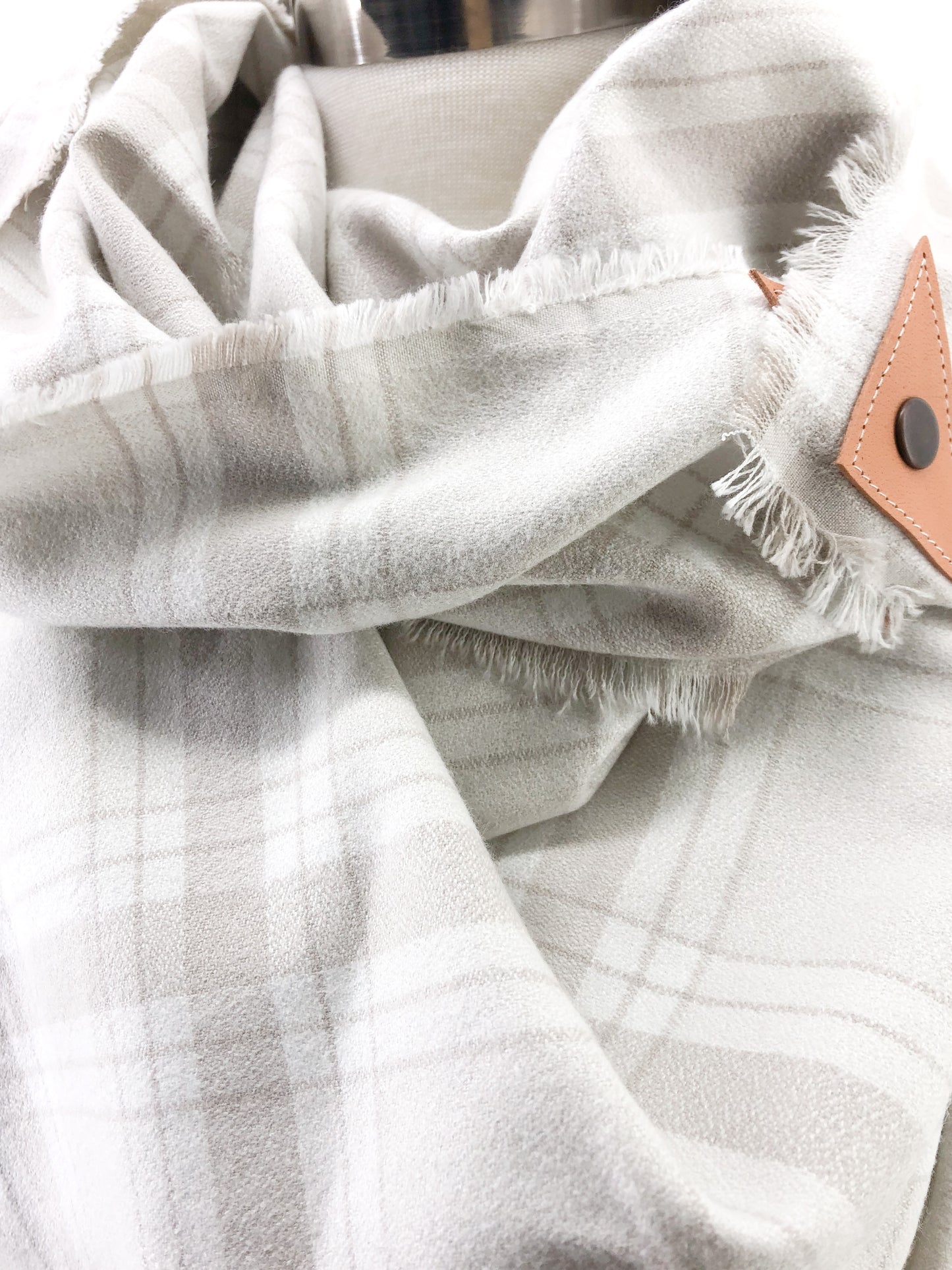 Bone Plaid Blanket Scarf with Leather Detail