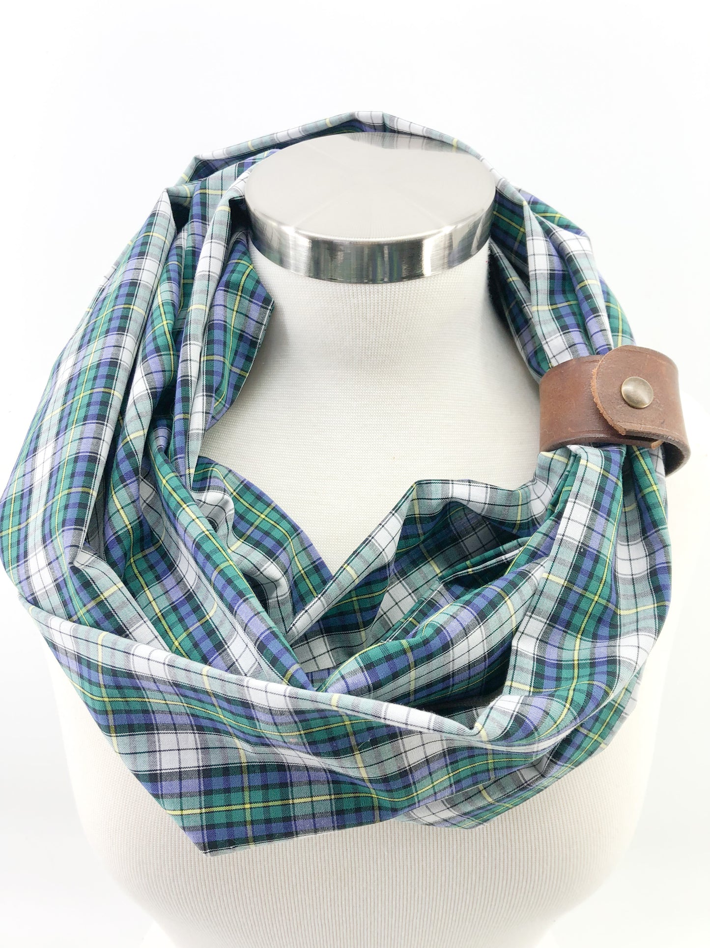 Summer Classic Plaid Eternity Scarf with a Leather Cuff