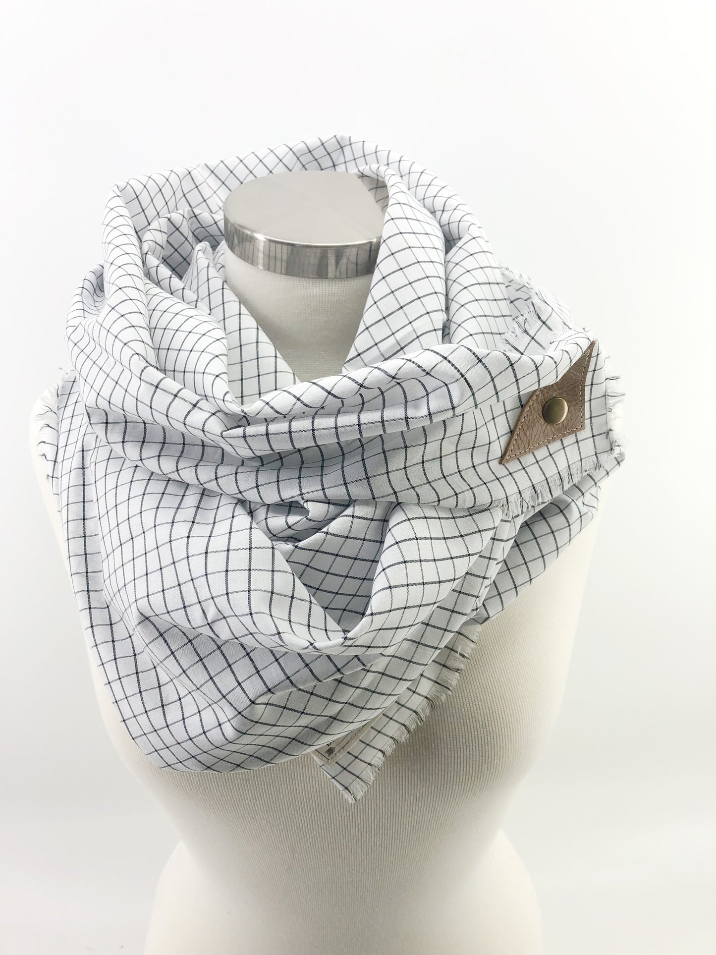 Black & White Micro Check Blanket Scarf with Leather Detail