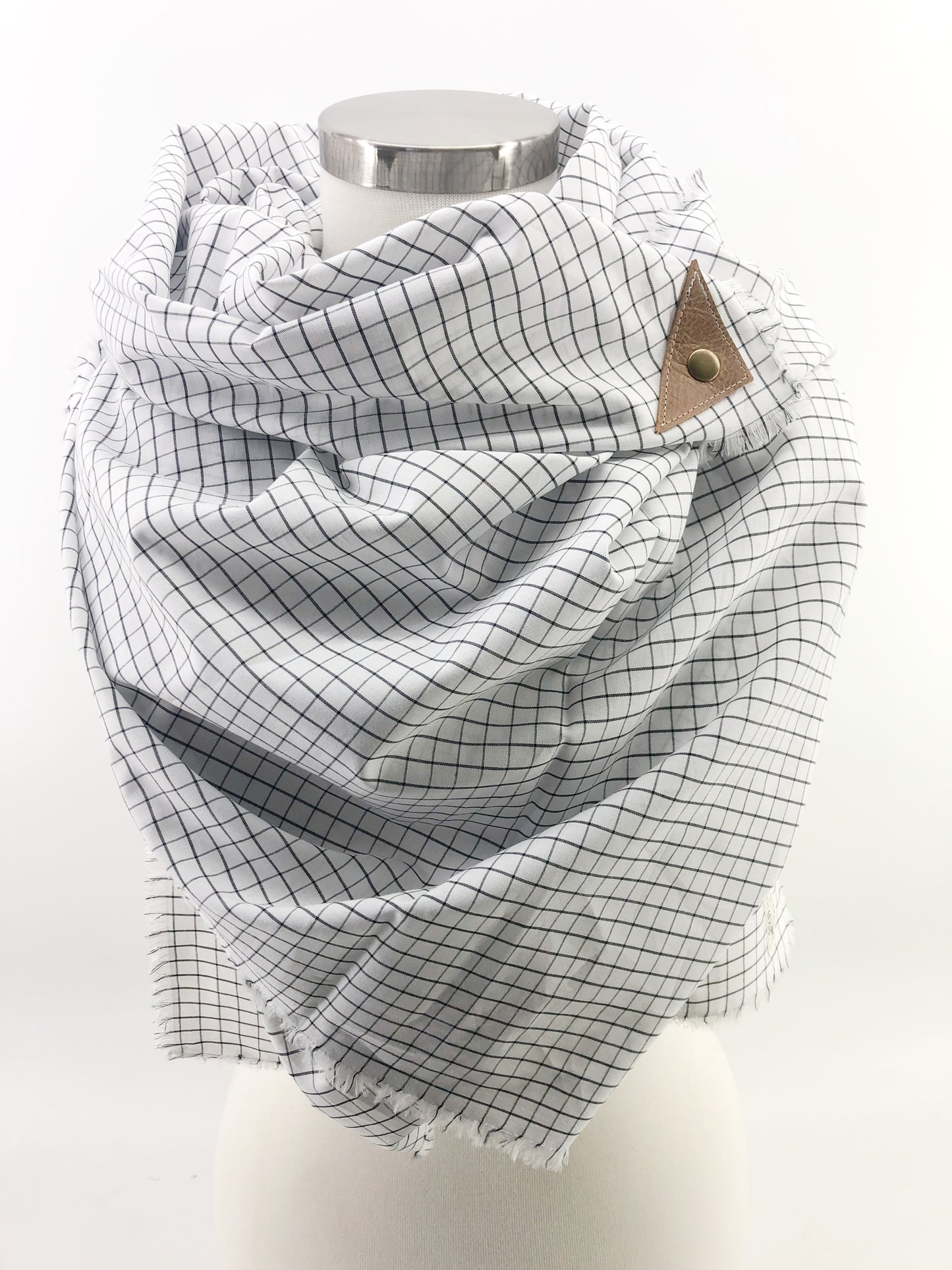 Black & White Micro Check Blanket Scarf with Leather Detail