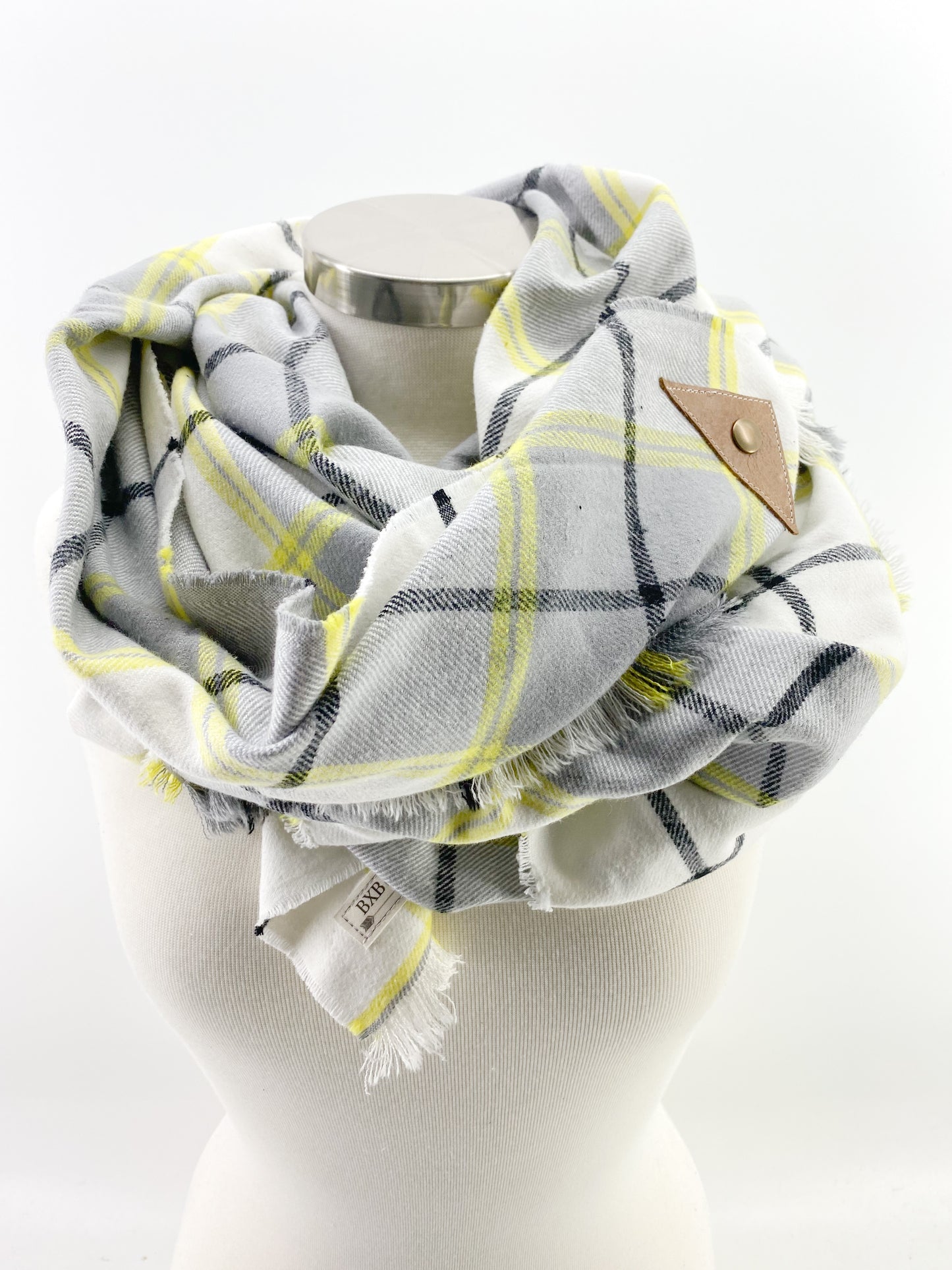 Chartreuse Plaid Blanket Scarf with Leather Detail
