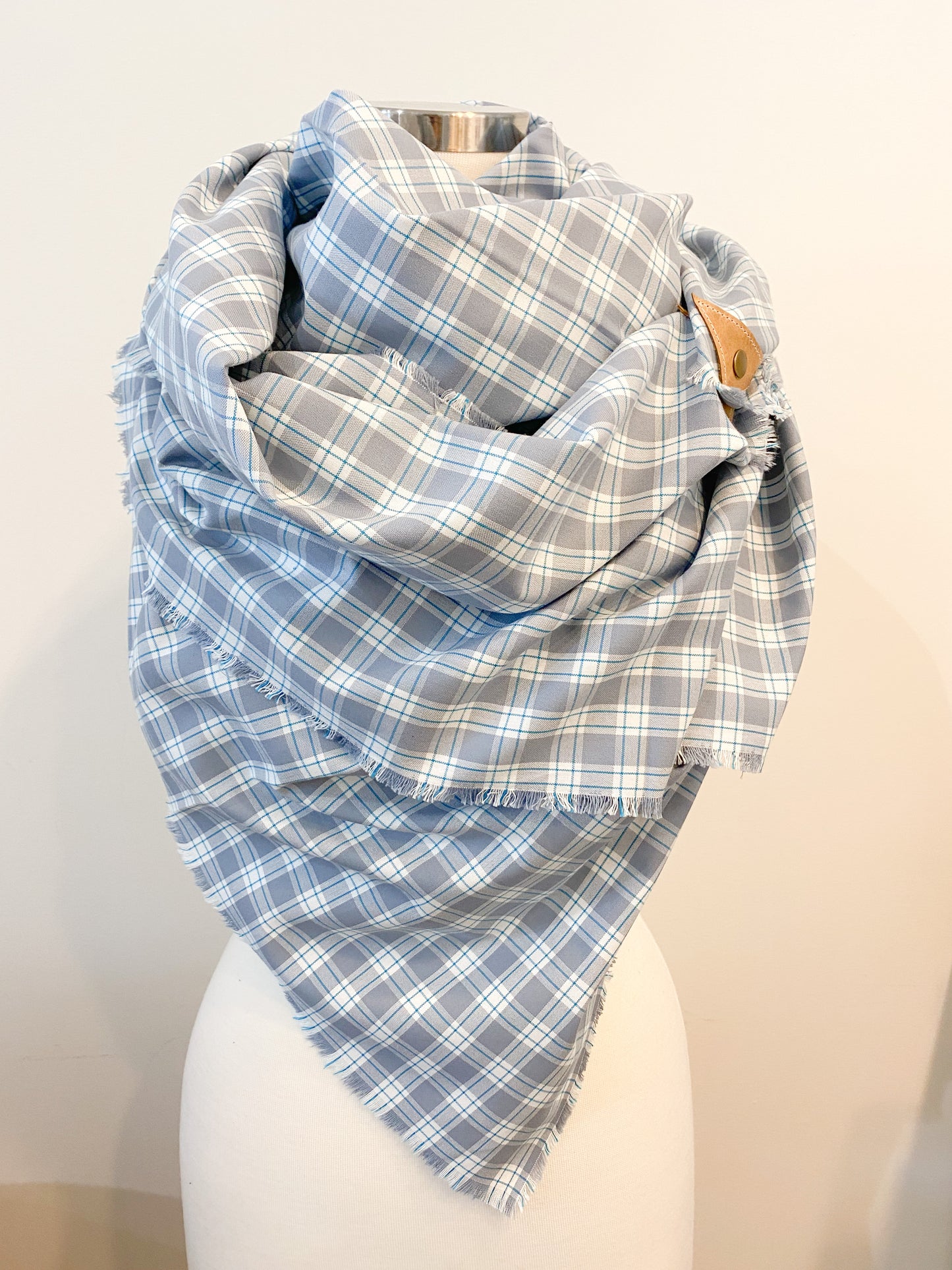 Faded Plaid Blanket Scarf with Leather Detail