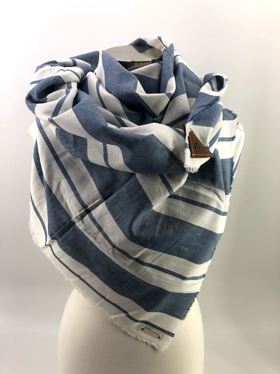 Light Blue Wide Stripe Linen Blanket Scarf with Leather Detail