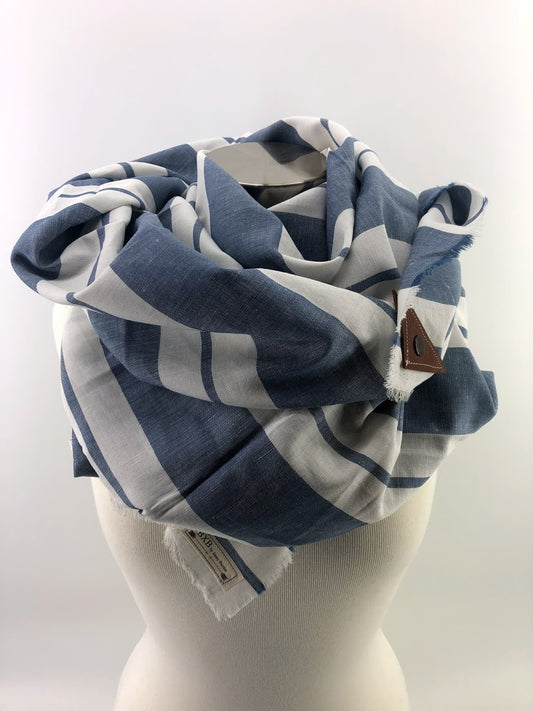 Light Blue Wide Stripe Linen Blanket Scarf with Leather Detail