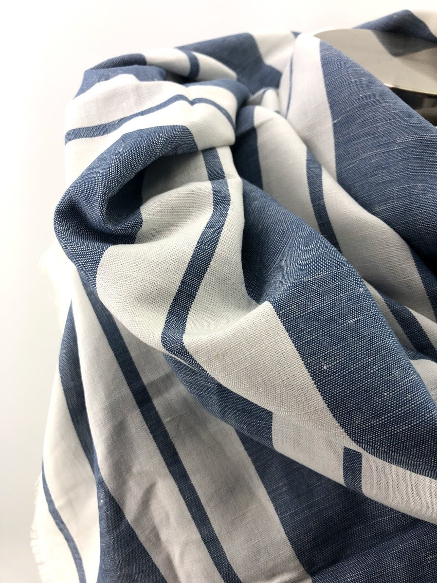 Light Blue Wide Stripe Linen Blanket Scarf with Leather Detail