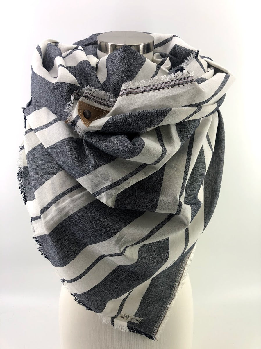 Gray Wide Stripe Linen Blanket Scarf with Leather Detail