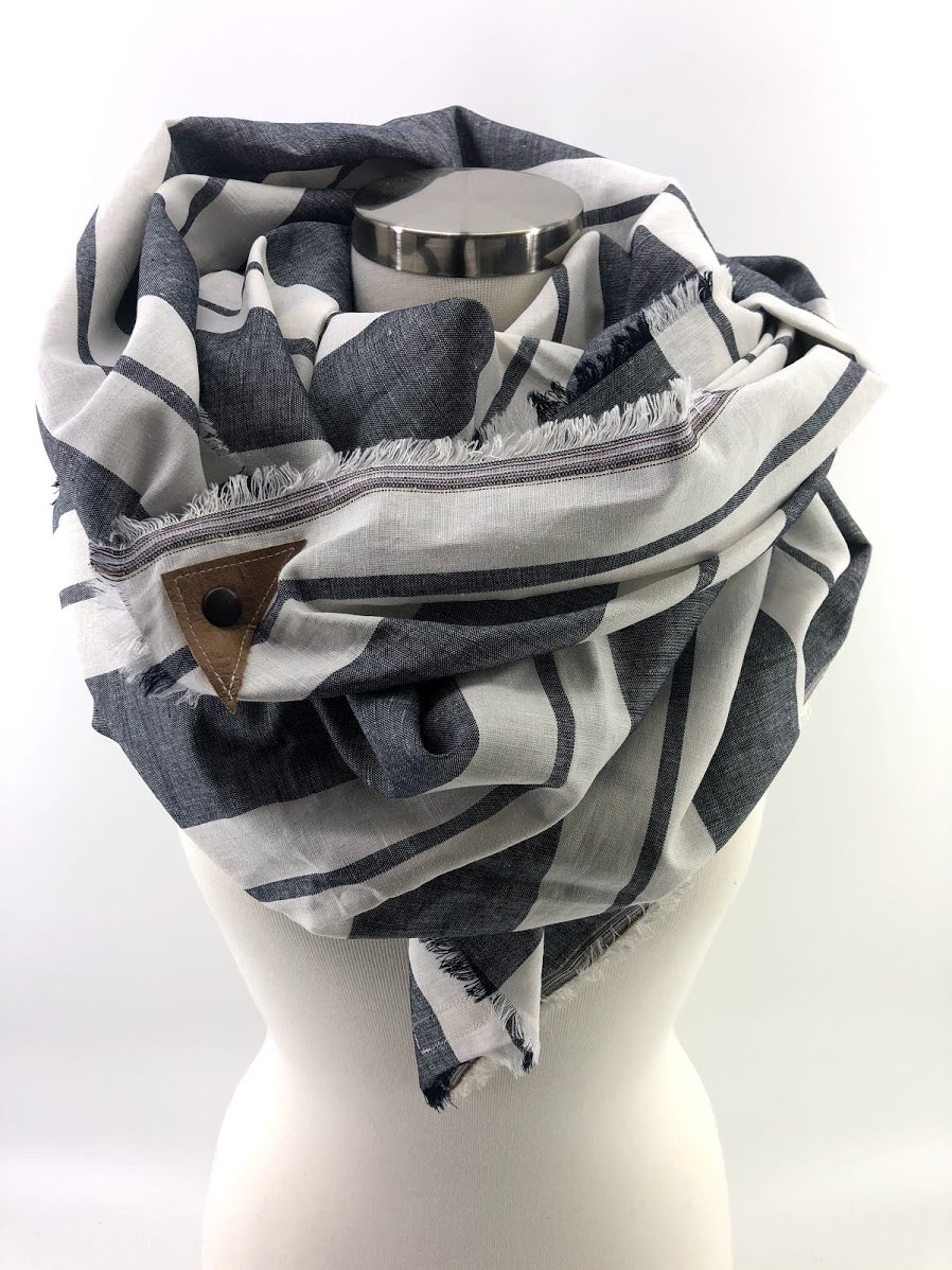 Gray Wide Stripe Linen Blanket Scarf with Leather Detail