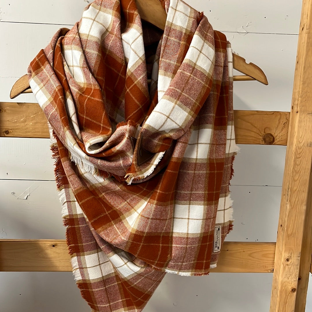 Amber Tone Plaid Blanket Scarf with Leather Detail