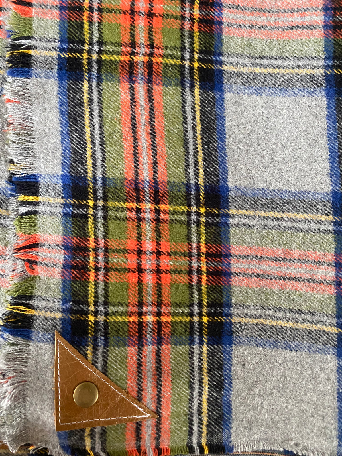 Gray Winter Plaid Blanket Scarf with Leather Detail