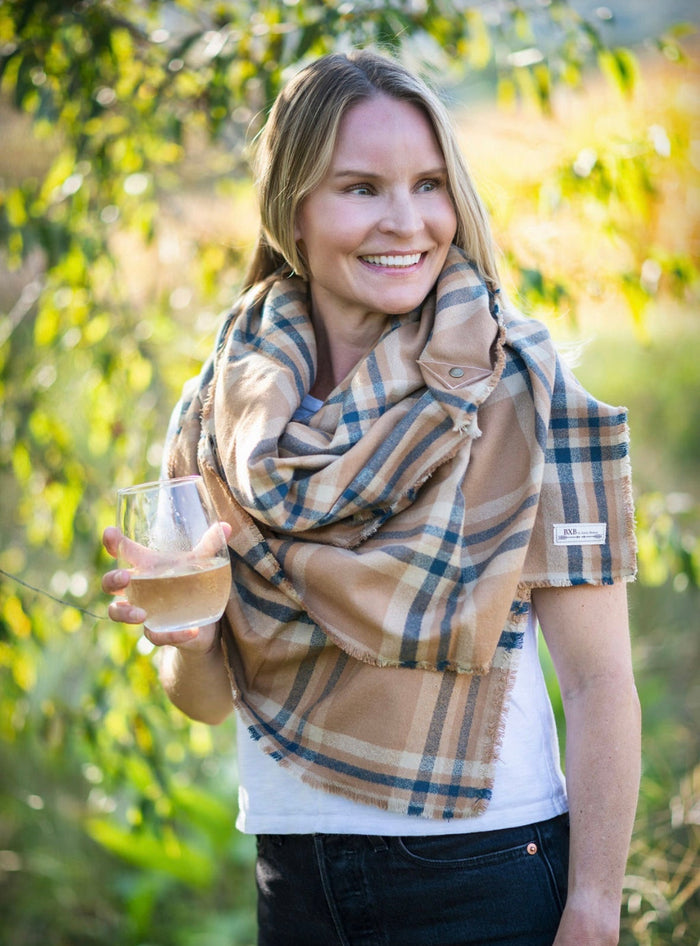 Plaid Blanket Scarf with Leather Detail