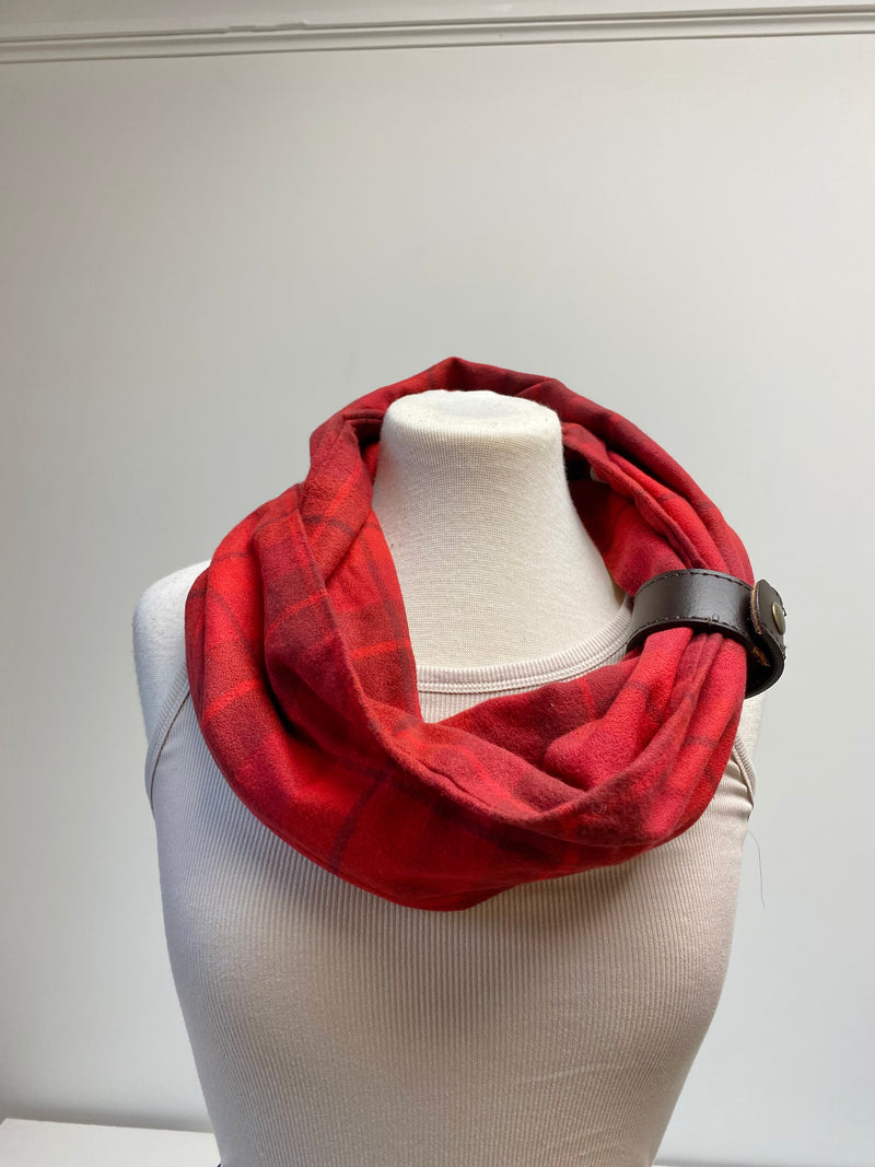 Red on red Plaid Eternity Scarf with a Leather Cuff