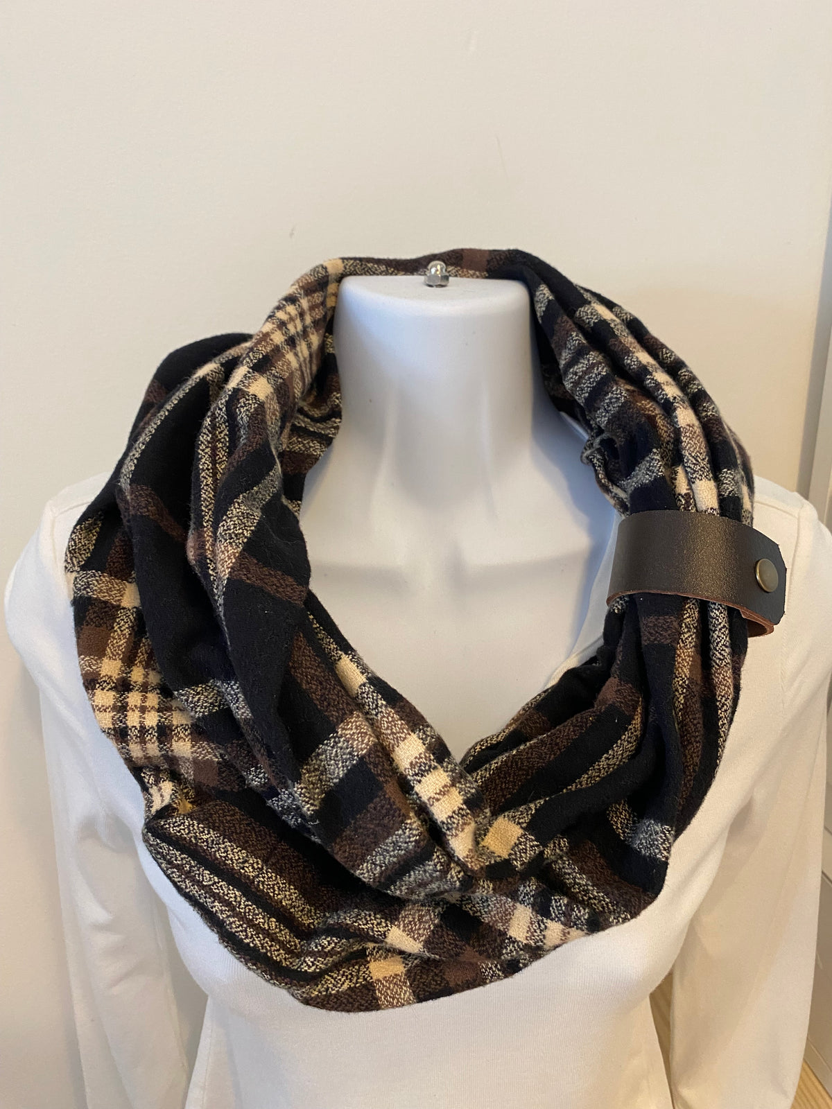 Designer Classic Plaid Eternity Scarf with a Leather Cuff