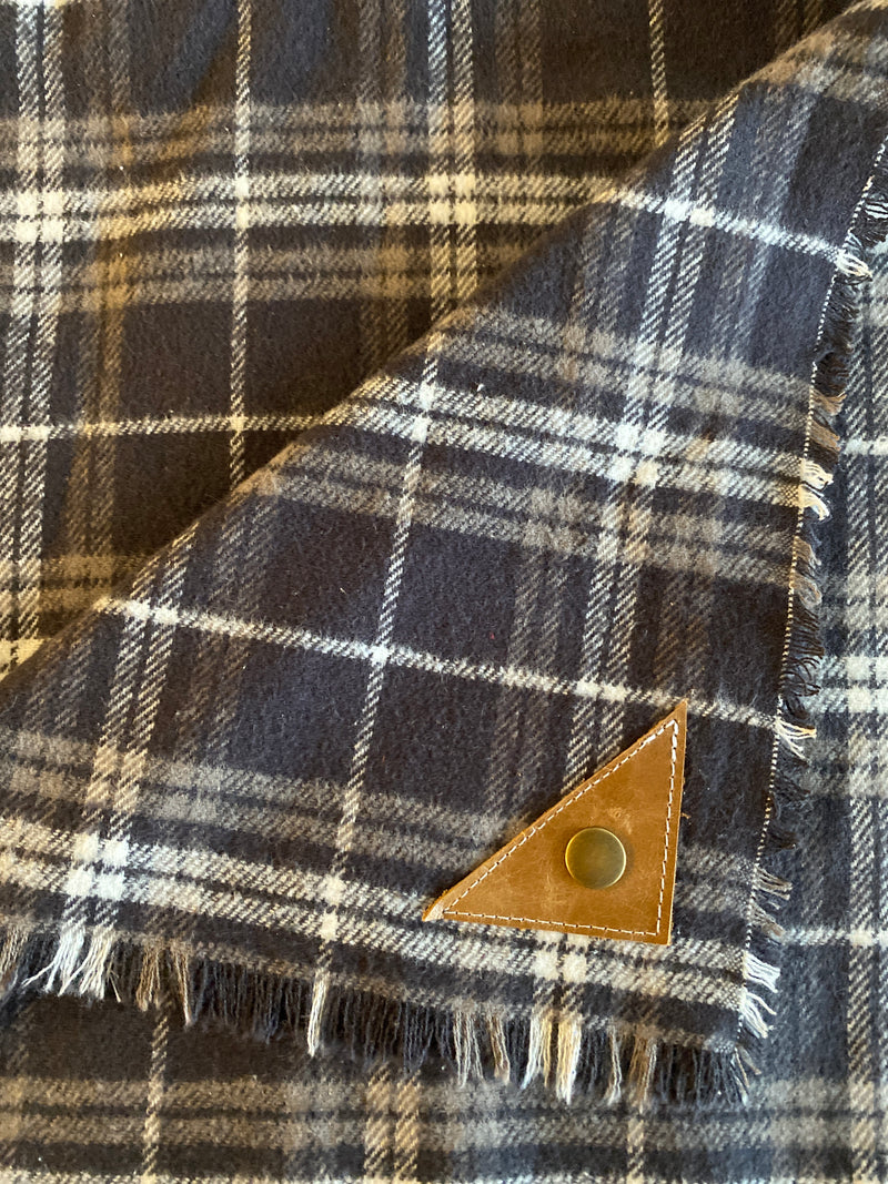 Gray Plaid Blanket Scarf with Leather Detail