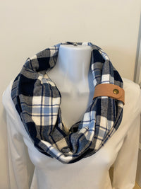 Navy & Light Blue Plaid Eternity Scarf with a Leather Cuff