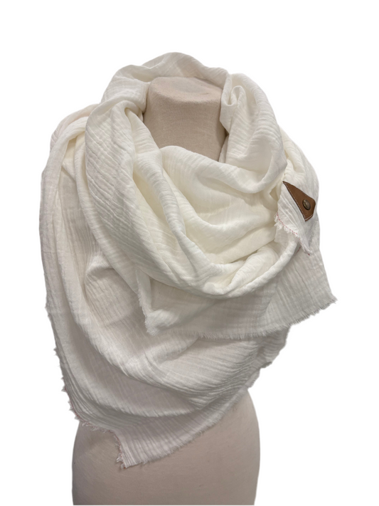White Gauze Blanket Scarf with Leather Detail