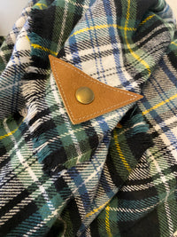 Navy & Green & Yellow Classic Plaid Blanket Scarf with Leather Detail no