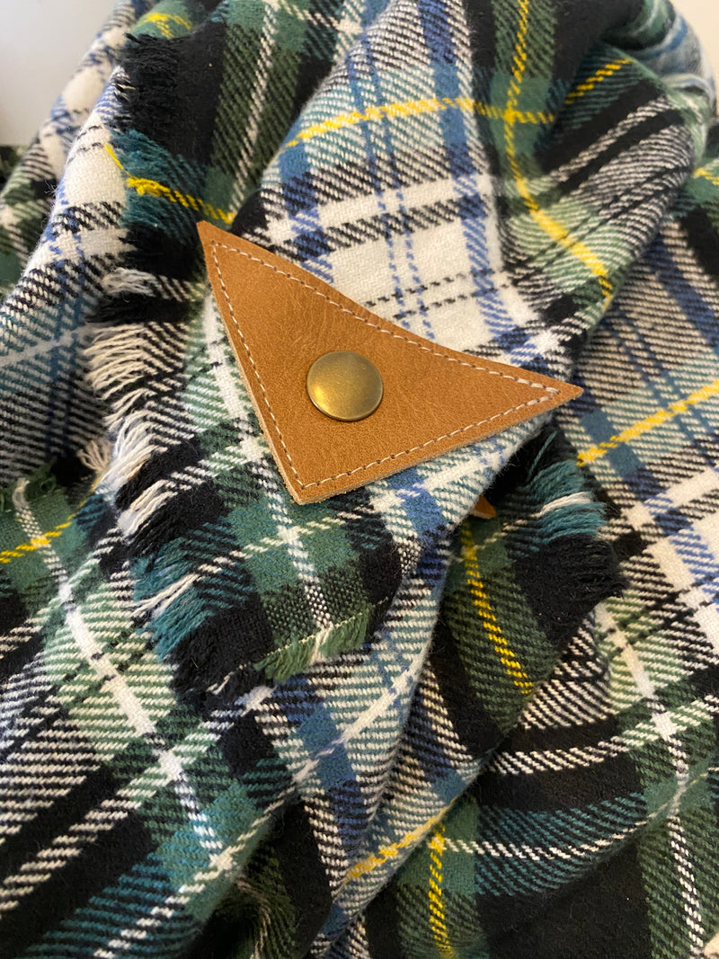 Navy & Green & Yellow Classic Plaid Blanket Scarf with Leather Detail no