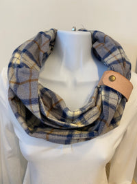 Royal and gold Plaid Eternity Scarf with a Leather Cuff