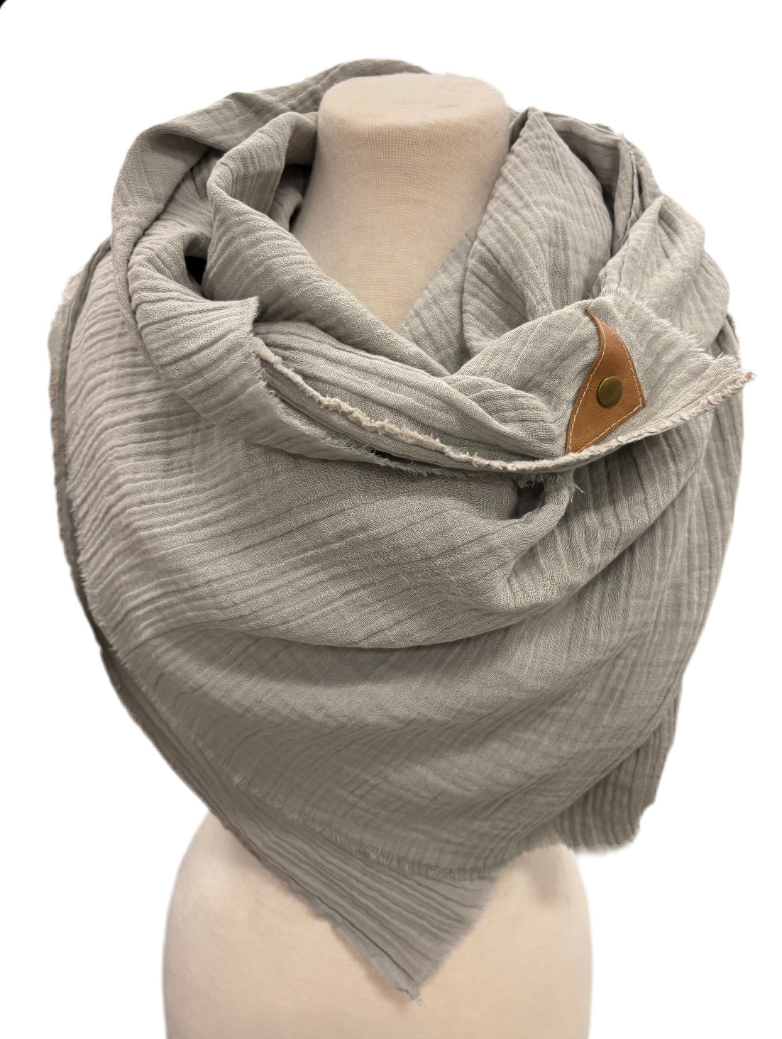 Gray Gauze Blanket Scarf with Leather Detail