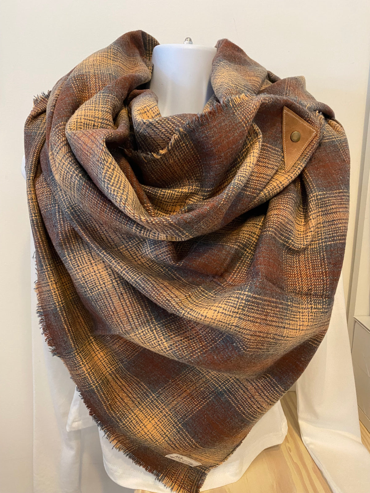 Coffee Plaid Blanket Scarf with Leather Detail