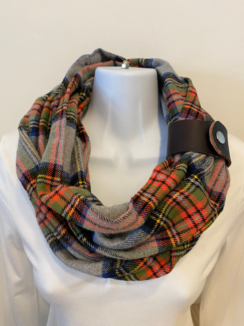 Chocolate and gray Plaid Eternity Scarf with a Leather Cuff