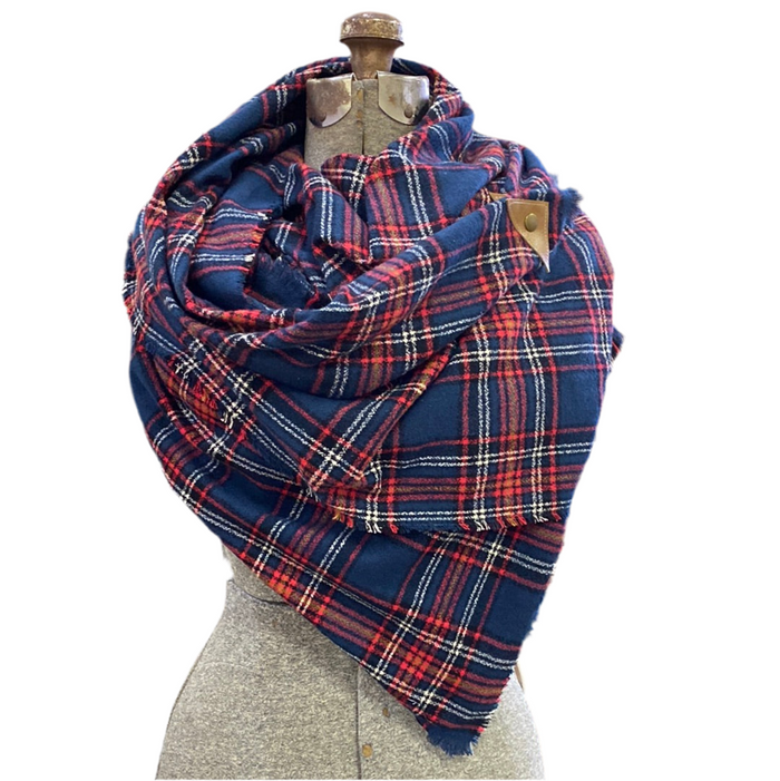 Blue & Red Plaid Blanket Scarf with Leather Detail no