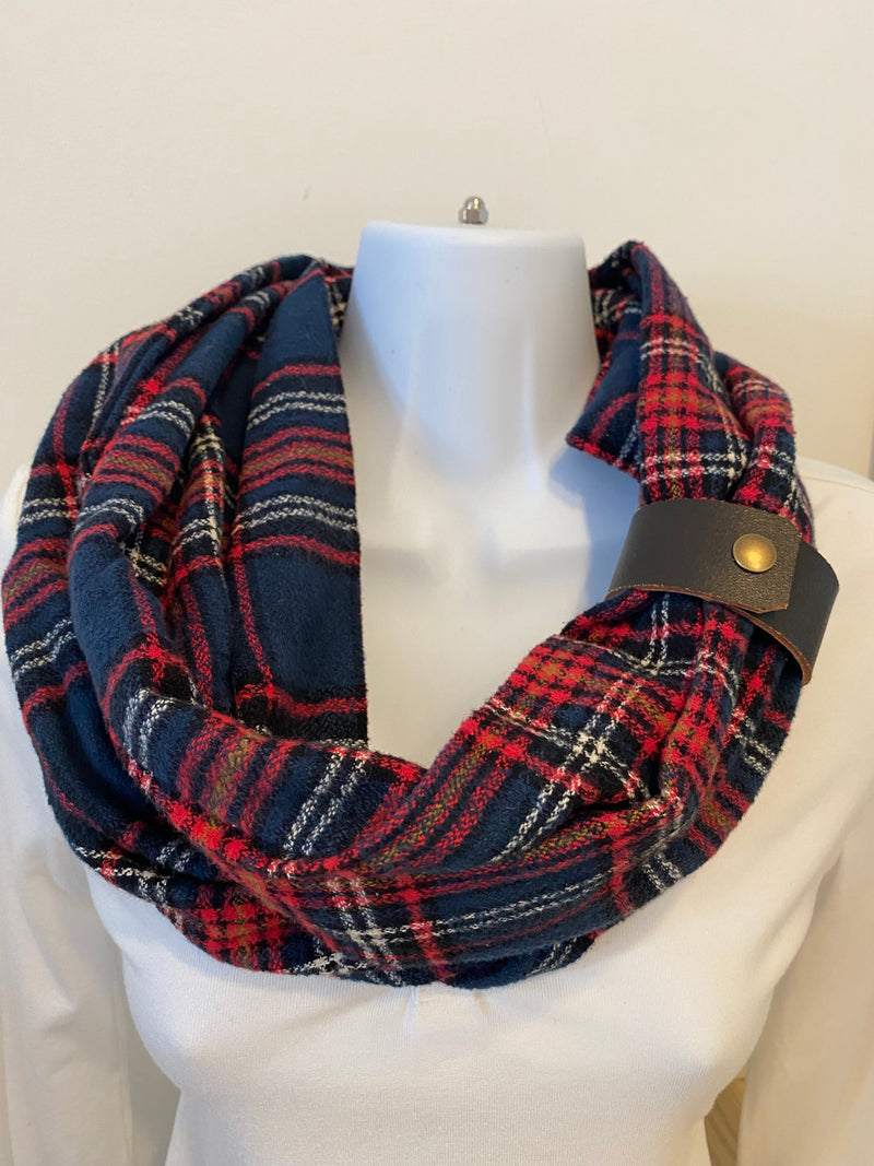 Blue & Red Plaid Eternity Scarf with a Leather Cuff