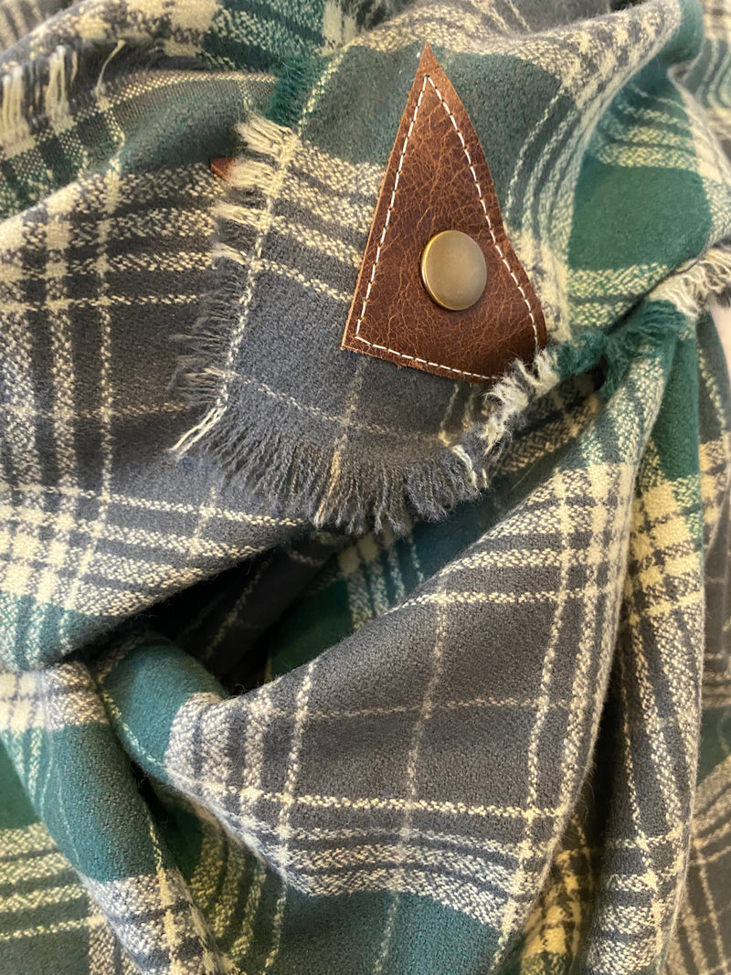 Evergreen Plaid Blanket Scarf with Leather Detail