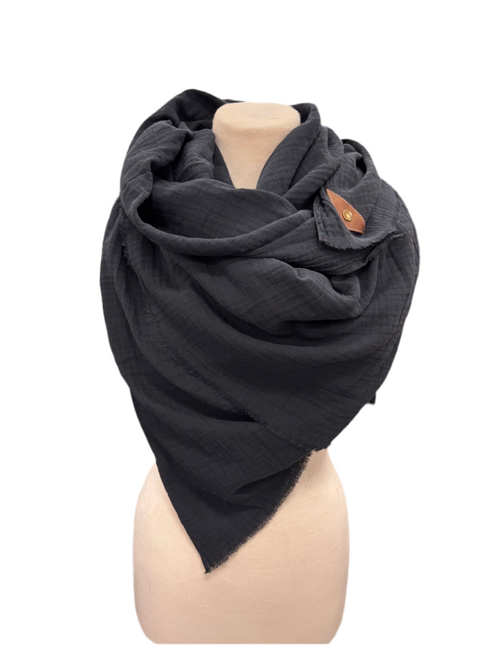 Black Gauze Blanket Scarf with Leather Detail