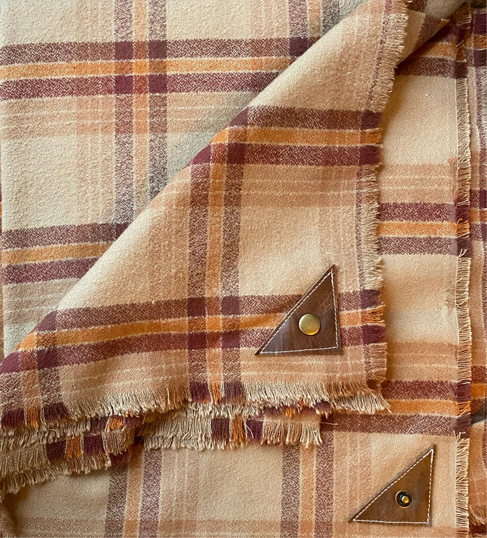 Plum and gold Plaid Blanket Scarf with Leather Detail