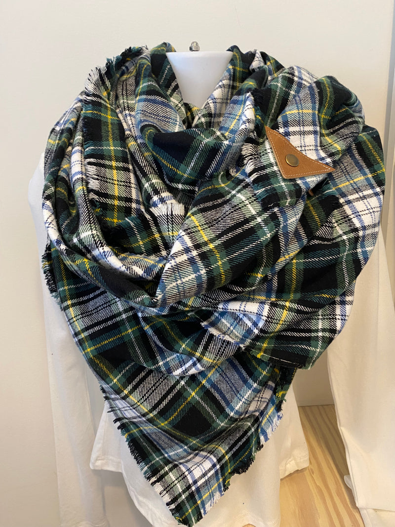 Navy & Green & Yellow Classic Plaid Blanket Scarf with Leather Detail no