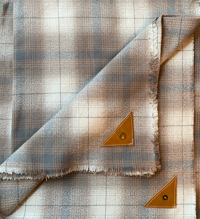 Neutral, blue and tan Plaid Blanket Scarf with Leather Detail