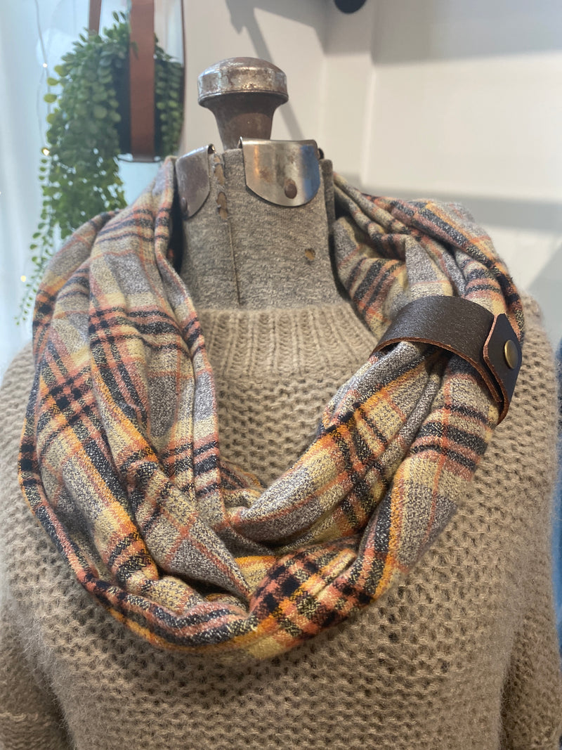 Black, Gray and Gold Plaid Eternity Scarf with a Leather Cuff