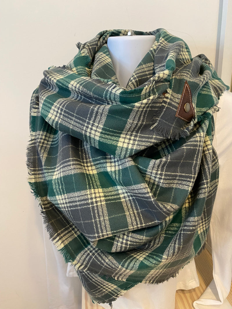 Evergreen Plaid Blanket Scarf with Leather Detail