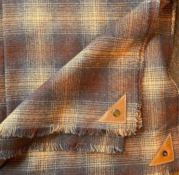 Coffee Plaid Blanket Scarf with Leather Detail