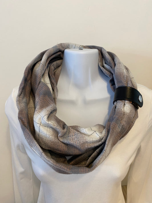 Neutral, blue and tan Plaid Eternity Scarf with a Leather Cuff
