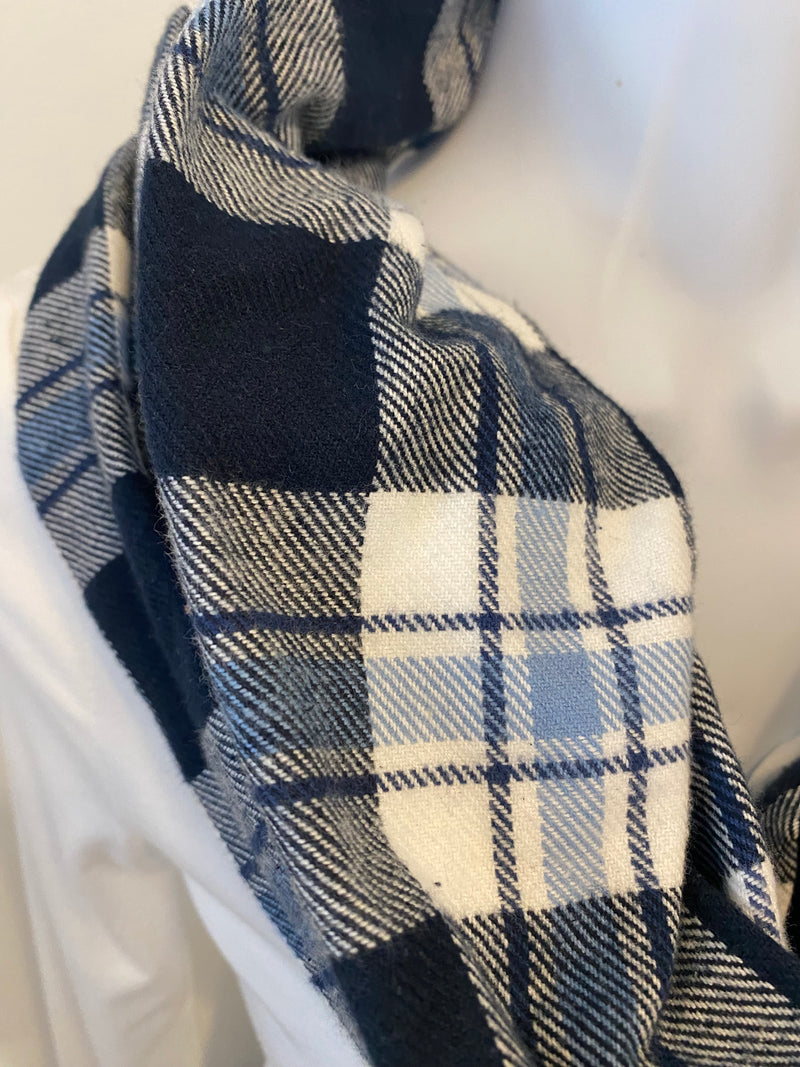 Navy & Light Blue Plaid Eternity Scarf with a Leather Cuff