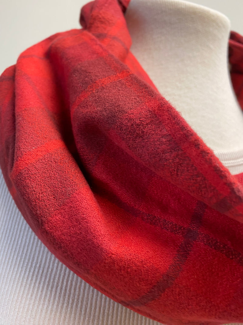 Red on red Plaid Eternity Scarf with a Leather Cuff