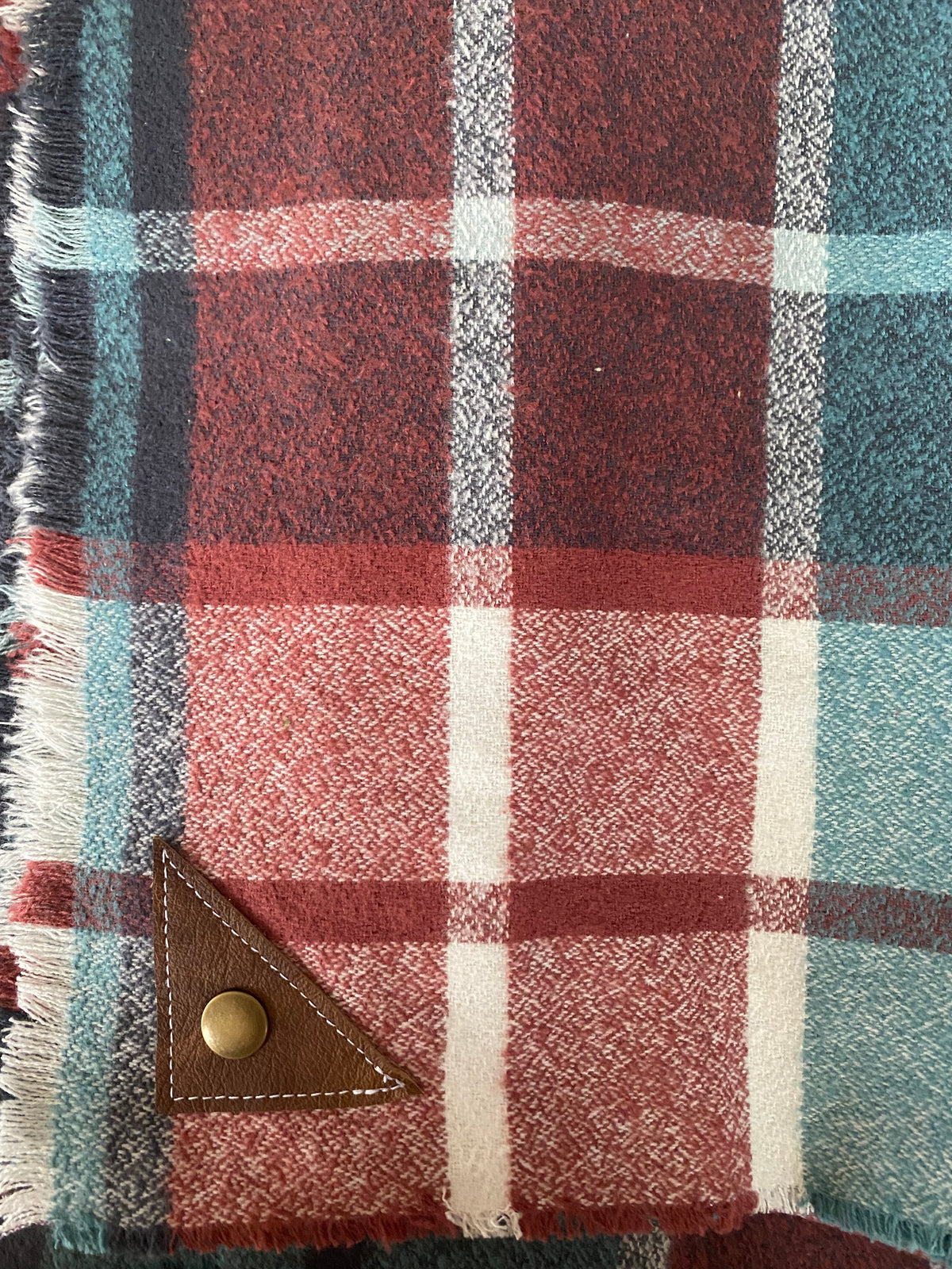 Plum and Teal Plaid Blanket Scarf with Leather Detail