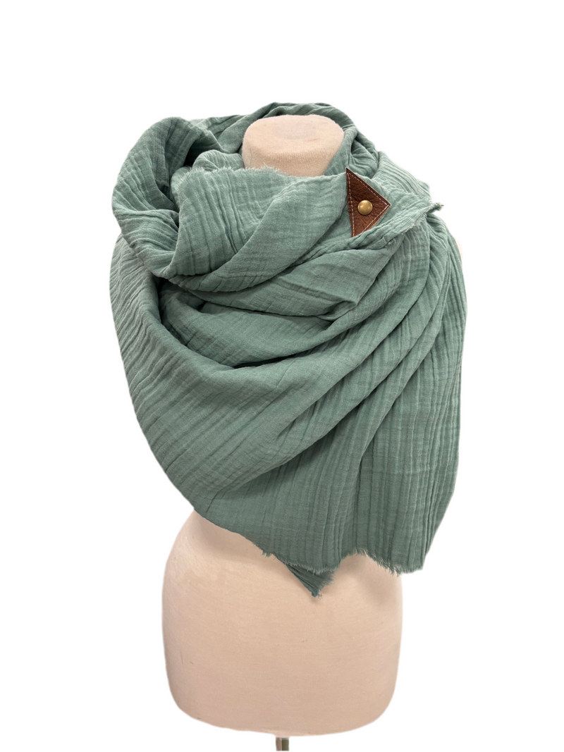 Ocean Gauze Blanket Scarf with Leather Detail