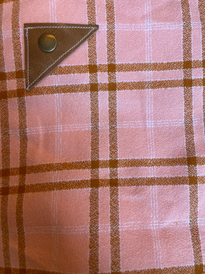 Autumn Peach Plaid Blanket Scarf with Leather Detail