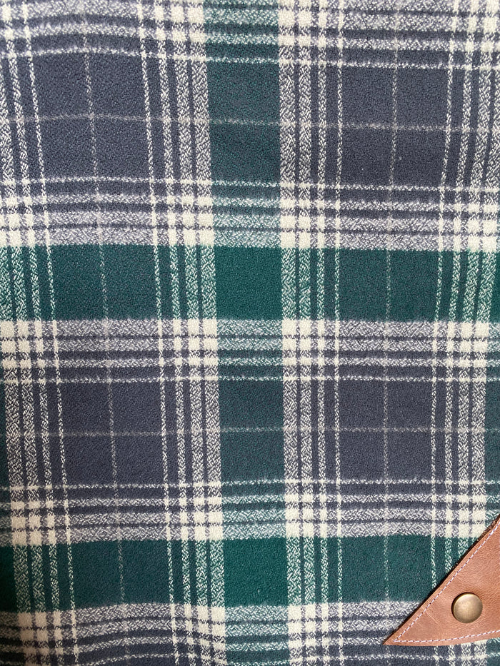 Evergreen Plaid Blanket Scarf with Leather Detail