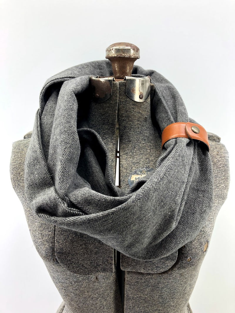 Black & Gray Herringbone Eternity Scarf with a Leather Cuff
