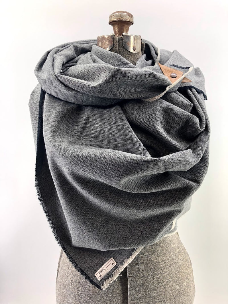 Black & Gray Herringbone Blanket Scarf with Leather Detail