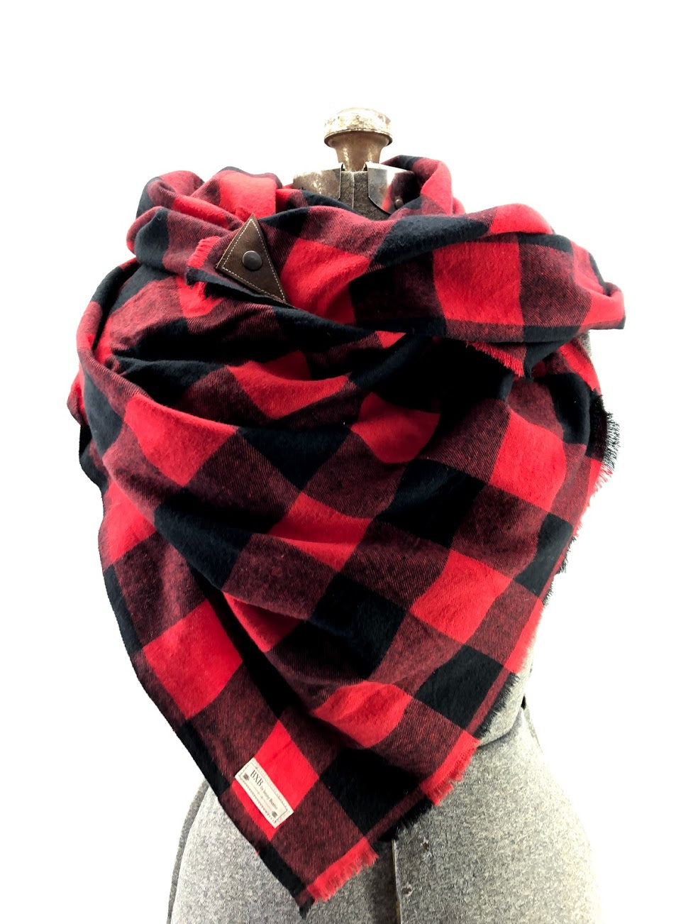 Black & Red Buffalo Check Blanket Scarf with Leather Detail